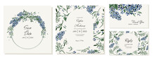 A Set Of Rustic Square Wedding Invitations With Field Blue Flowers And Leaves. Vector Template