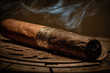 Cuban cigar with smoke, close up view with details, atmospheric light and background