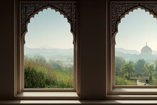 Landscape View Of The Window Of An Old Islamic Palace With A Stunning View Of A Garden With Peacocks, Birds And Butterflies. Generative AI