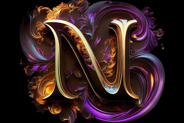 Wall Mural - A Very Colorful Abstract Design On A Black Background With A Gold And Purple Swirl On The Bottom Of The Letter M In The Center Of The Image. Generative AI