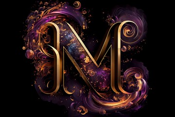 Wall Mural - A Very Colorful Abstract Design On A Black Background With A Gold And Purple Swirl On The Bottom Of The Letter M In The Center Of The Image. Generative AI