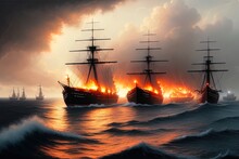  Oil Painting Of Several Ships Burning Brightly In The Sea, Pillars Of Dark Smoke Rising From The Galleons. Ai Generated