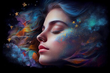 Wall Mural - abstract woman dream decorated by harmony and endless colors of star in the sky background . sleepin