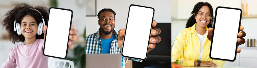 Wall Mural - Different African American People Demonstrating Empty Cellphone Screens At Camera