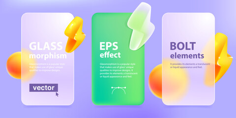 Transparent cards screens in Glassmorphism style with lightning logo. Matte glass with blur effect.