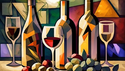 Wine themes in the style of cubism. Bottles, glasses and grapes on the table. Executed in oil on canvas with elements of pastel painting. ai generative