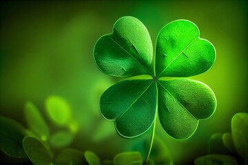 Wall Mural - Four-Leaf Green Clover For Good Luck On St. PatrickS Day, Bright Green Background, Holiday Concept Of Spring, Plant Clover Symbol. Generative AI