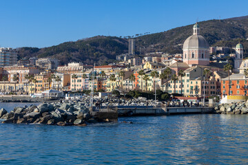 Sticker - GENOA, ITALY, FEBRUARY 2, 2023 - View of the pier of Genoa Pegli, Italy