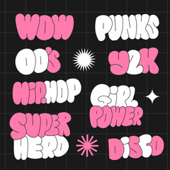 set of retro phrases, words - wow, y2k, 00's, hip-hop, disco, super hero, punks ,etc. fashion patch 