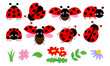 Cute cartoon ladybug collection with flowers and leaves, red beetle with dots. Funny love bugs, flower buds and foliage pack bundle for spring collections.