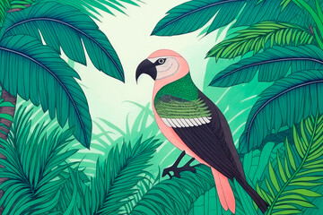 Wall Mural - Paradise bird, tropical exotic jungle plants leaves flowers abstract pastel color. Generative AI