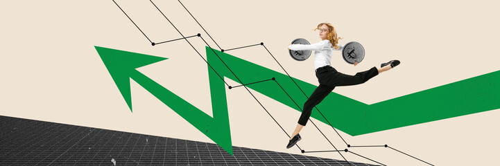 Conceptual design. Contemporary art collage. Motivated ambitious woman running forward with bitcoins. Financial arrows going up. Banner. Concept of business, trade market, money, growth