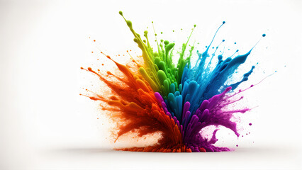 abstract wallpaper with exploding rainbow water splash paint with vivid colors on white background, generative AI