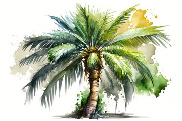 Sticker - A single green palm tree from a watercolor painting, displayed against a white background. Old fashioned coconut palms. Jungle full of exotic flowers. Generative AI