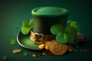 Wall Mural - Shiny Green Hat, Gold Coins And Clover Leaves. St. PatrickS Day Concept. Illustration. Generative AI