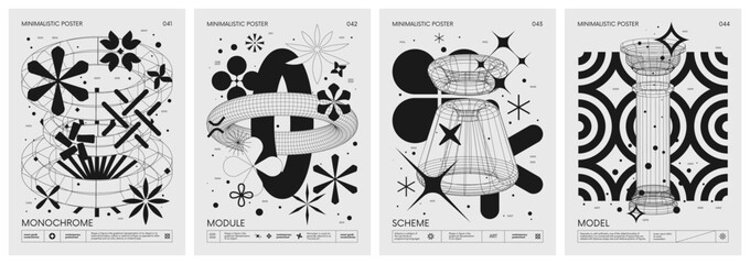 futuristic retro vector minimalistic posters with strange wireframes graphic assets of geometrical s