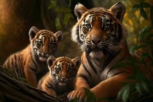 Wallpaper Illustration And Background Of Tiger Mother And Her Cub Together, In A Natural Habitat, Realistic Digital Illustration. Front View. Concept Of Mother's Day, Wild World. Generative AI.