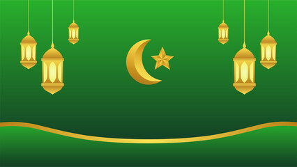 Canvas Print - Ramadan background with lantern and star crescent for islamic design. Shiny green background element with golden ornament for desain graphic ramadan greeting in muslim culture and islam religion