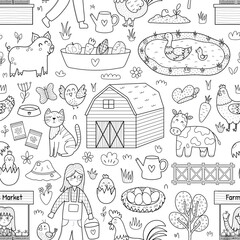 Wall Mural - Black and white farm seamless pattern with cute characters. Countryside background in cartoon style for coloring page with cow, ducks, pig, rooster. Vector illustration