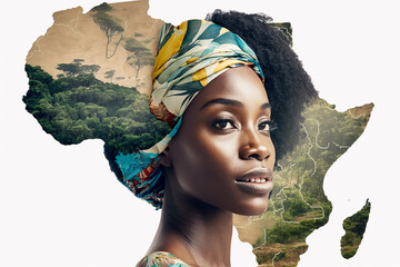 multiple exposure of a beautiful african woman and map of africa - ai generative