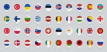 Location Markers With Flags Of Europe Countries. Vector Illustration.