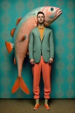 Abstract Retro, Vintage Portrait In Orange Blue Pastel Colors. Man And Fish In Old-fashioned Styling Stands And Poses. Horoscope Pisces Concept. Generative AI.