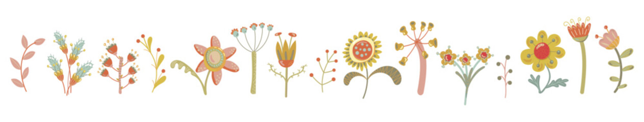 Wall Mural - Horizontal banner with bright beautiful flowers isolated on a white background. Spring and summer botanical vector illustration isolated on white background. Vector illustration