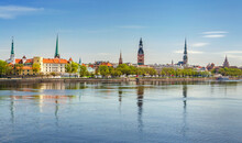 Panoramic View Across River Of Old Town In Riga, Latvia