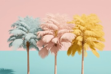 Wall Mural - Minimal summer pastel concept, soft colors of tropical background, pastel palm trees and palm leaf. Exotic summer beach concept. Generative AI.