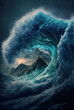 Blue Wave Crashing into Ocean. Generative AI.