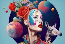 Creative Retro But Contemporary Pop Art Collage Concept Of Woman Portrait In Spring Flowers And Giraffe Animal. Colorful Vivid Vintage Background. Generative AI.