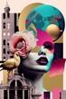 © Uncanny Valley - Creative retro but contemporary pop art collage concept of woman portrait and fashion Spring flowers, moon, flora and fauna. Colorful vivid vintage background. Generative AI.