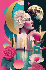 Creative retro but contemporary pop art collage concept of woman portrait and fashion Spring flowers, moon, flora and fauna. Colorful vivid vintage background. Generative AI.