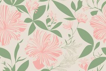 Seamless Pattern With Soft Pink Azalea Flowers And Green Leaves On Background, Generative Ai. Pastelle Soft Colors Tribal Background
