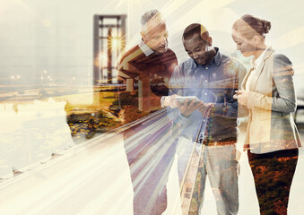 Aufkleber - Taking the city through teamwork. Cropped shot of three businesspeople superimposed over a city.