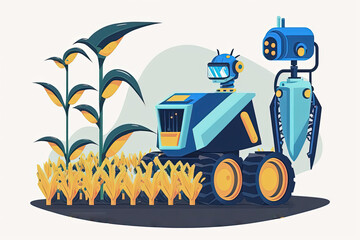 Wall Mural - In this vision of farming, intelligent farm robot assistants are used in corn fields to replace human labor, improve productivity, and identify and eliminate weeds. Generative AI