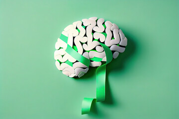 Brain paper cutout with green ribbon on green background. Generative Ai