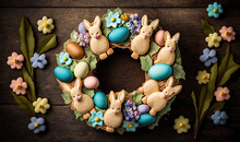  A Decorated Wreath With Bunnies, Flowers, And Easter Eggs.  Generative Ai