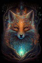Ancient Magical Molten Fox Spirit In A Mystical Arcane Forest, Cute And Symmetric Design, Perfect Hyperrealistic Fox Face, Smooth, Stunningly Beautiful, Shimmering, Iridescent, Bioluminescent Flowers,