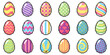 Easter egg icons in pixel art style with intricate patterns and motifs. 8 bit isolated vector illustration