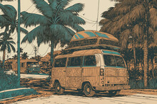 Two Old Hippie Van Cars On The Ocean Coast Surrounded By Palm Trees. Sketch Style. Generative AI