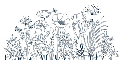 group of wildflowers, herbs, flowers, plants and butterflies flyng around. outline style full vector