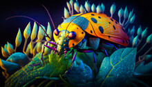 Colorful Bug Sitting On Top Of Green Plant. Generative AI.