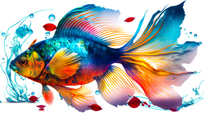 Wall Mural - Colorful fish with bubbles of water on white background. Generative AI.