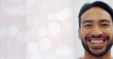 Wall Mural - Man, eye and vision of face and smile in focus with teeth against a white mockup background. Portrait closeup of young happy male smiling in half facial expression and copy space for text