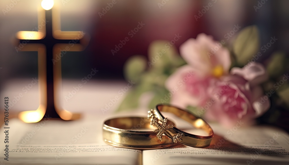 two wedding rings in wedding ceremony with bible and crucifix, idea for ...