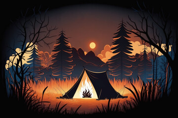 Poster - the nighttime camp scene, complete with tent and fire. Generative AI