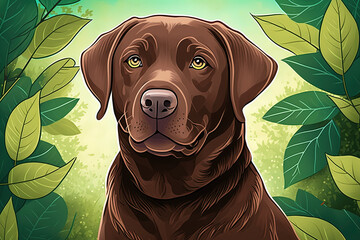 Sticker - An adorable brown Labrador Retriever dog smiling for the camera against a bokeh background of leaves. Blank headshot of a happy dog on a lovely spring leaf at twilight. Generative AI