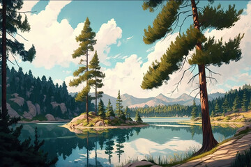 Wall Mural - Pine trees and a mountain lake make Pang Tong National Park in Thailand's Mae Hong Son province an excellent camping destination. Generative AI