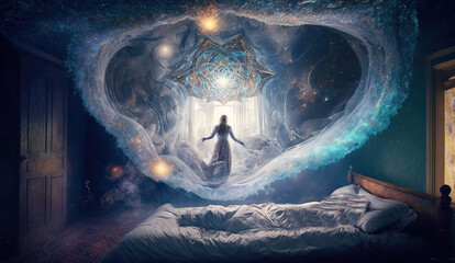 Wall Mural - woman in her bedroom, there is a door portal to another world. energy flying lucid dreaming generati
